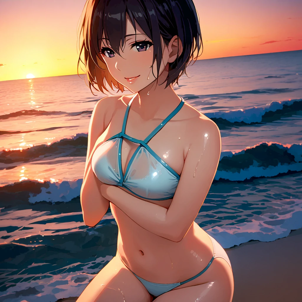 masterpiece, (Alone:2), (1 horny girl:1.5), (Short Hair), (Black Hair), (whole body), (Light colored bikini), (Mid-chest), smile, sweat, (Wet Hair), (Wetsuits), (Release your lips), (Swimming in the ocean), (Summer beach), sunset, Seductive pose, Crotch,