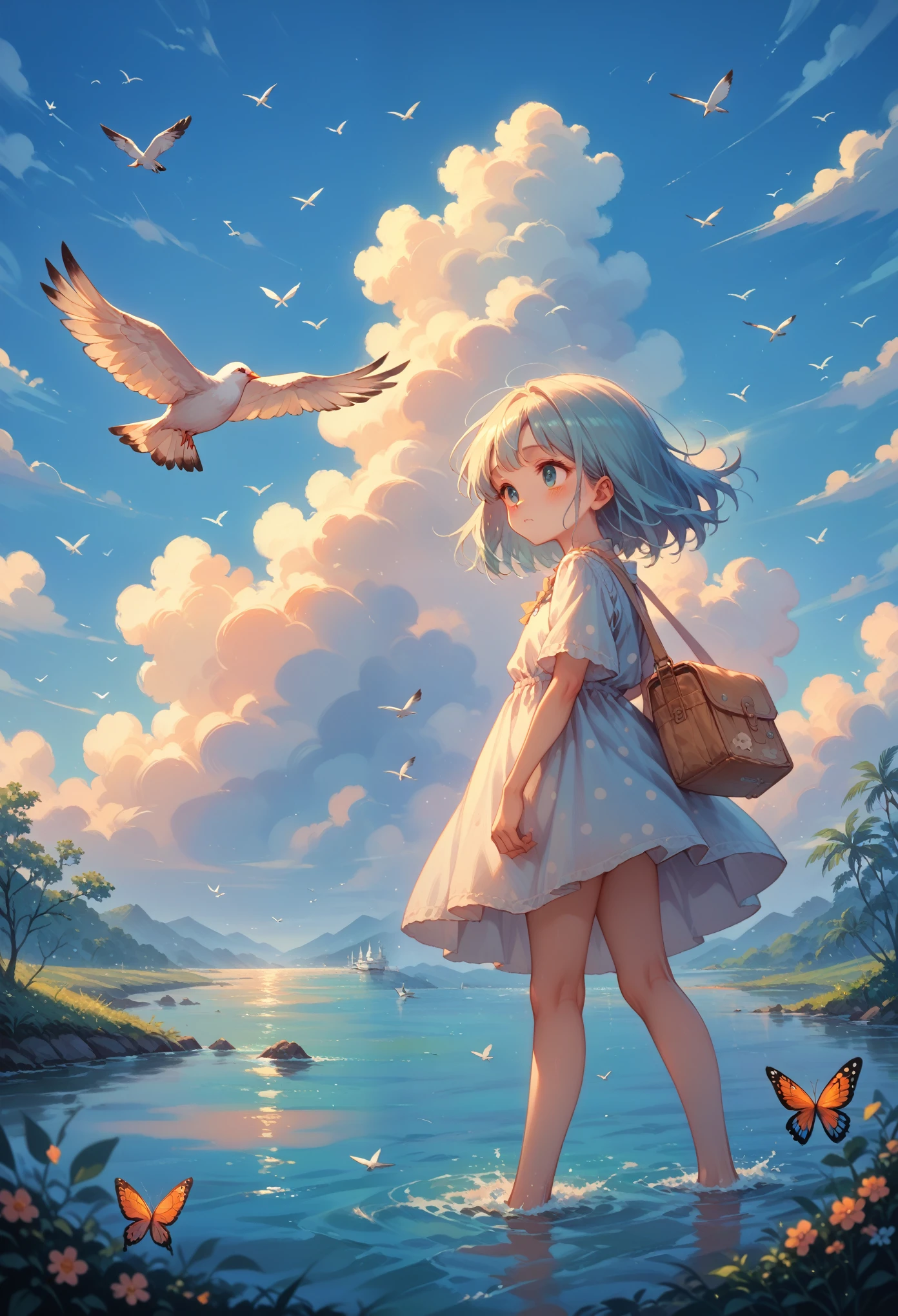 masterpiece, best quality, 1girl, bird, seagull, sky, cloud, polka_dot, blue_sky, solo, cloudy_sky, bug, butterfly, day, blush, flock, outdoors, Abigail