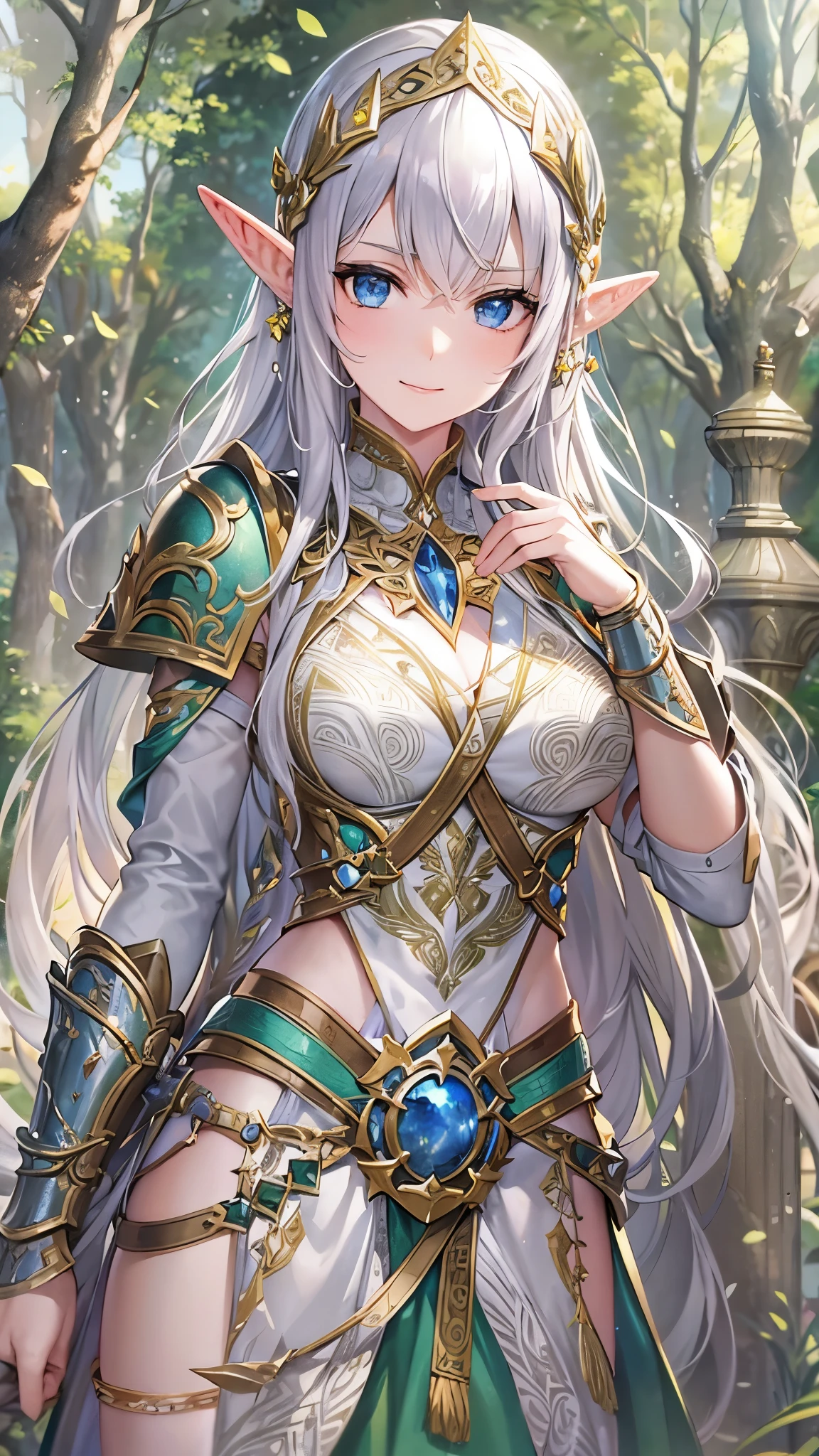 (((masterpiece))), (((Highest quality))), ((Very detailed)), ((Very detailedなイラスト)), ((Ultra-fine painting)), (16K Highest quality wallpaper:1.4), (Detailed and elaborate illustration style,:1.8) Detailed skin texture, High quality fabric, , (T-masterpiece), (Very detailedな顔:1.4), original, RAW Photos, Professional, Intricate details, Very detailed, Direct sunlight:1.6, ,(Cowboy Shot:1.9)、(Perfect Anatomy:1.4), (Extremely elaborate hands:1.2), (Very elaborate fingers:1.2), (Very elaborate fingers先:1.2),, (alone:1.6), (beautiful and adorable cat ears:1.6), (Intricate and delicate white cat ears:1.5), (beautiful, Shiny white hair:1.6), (Very thin and delicate white hair:1.4),, (Very detailedな顔:1.4),(Light purple eyes:1.6),(smile:1.4),(wariza:1.9),//Character 1girl, BREAK //Fashions Enchanted Elven Knight This costume combines the grace of an elf with the power of a knight, centered around a large, enchanted sword, The base is a sleek, forest green bodysuit with gold leaf embroidery along the seams, symbolizing her connection to nature, Over the bodysuit, a leather harness crisscrosses the torso, holding the scabbard for her large sword, The sword itself is massive, with a glowing blade inscribed with ancient elven runes, Her armor includes light, golden shoulder pauldrons and bracers, with intricate vine patterns, A flowing, semi-translucent cape with a hood, in shades of green and gold, billows behind her, adding an ethereal touch, She wears knee-high, lace-up boots with gold accents, BREAK Accessories include a delicate, leaf-shaped tiara, and a belt with pouches for herbs and small vials, Her hair can be styled in loose waves with small braids woven with golden threads, Makeup focuses on a natural, glowing look with shimme