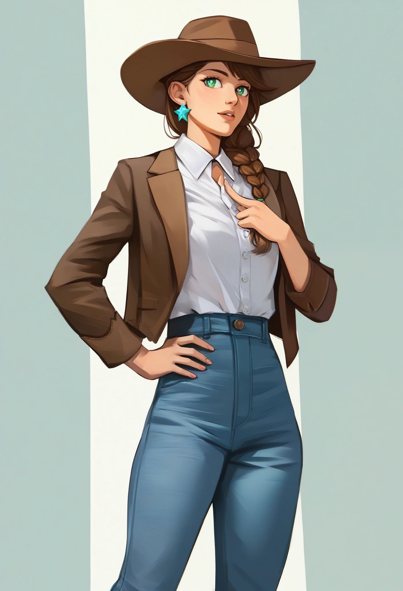 score_9, score_8_up, score_7_up, score_6_up, score_5_up, score_4_up, score_3_up, 1girl, brown hair in braid over shoulder, green eyes, star shaped white pupils, brown fedora, brown blazer and white shirt, light blue pants, cowboy boots, blue earrings, one hand on hat, one hand on hip, swept bangs, warm shadows,
