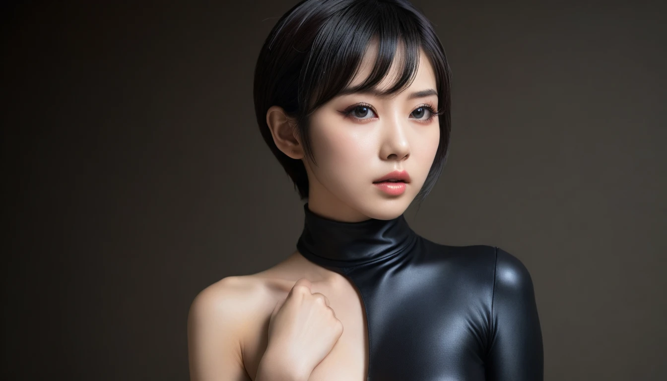 nsfw、sexy asian fashion model、glossy lipstick、smiling face、defined eyebrows、ultra detailed drama makeup、long lashes、full body Esbian、ultra detailed latex business dress、latex bracelets、Colorful hair