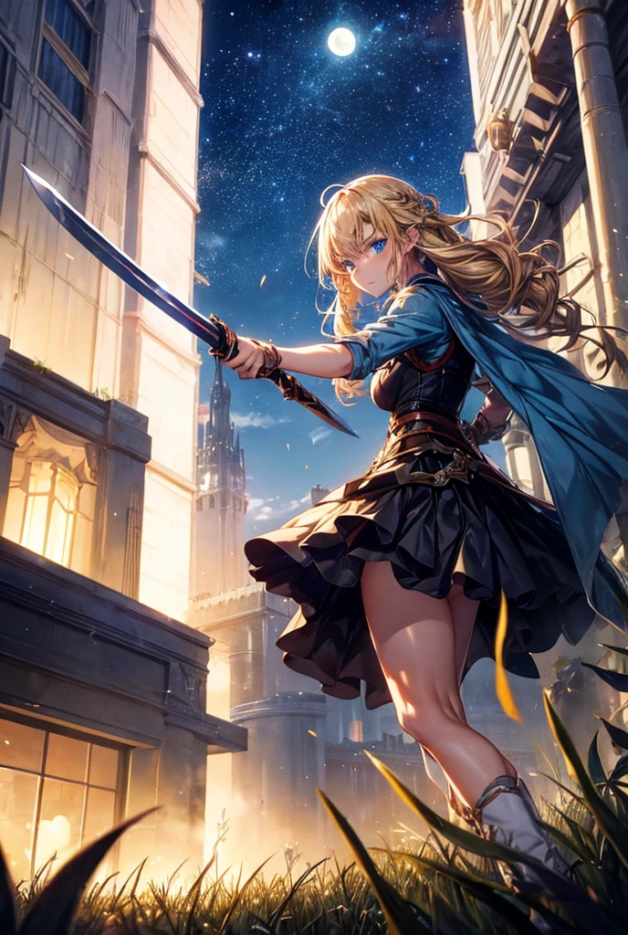 anime, female, swordsman, running at full speed, jumping, sword fighting, serious look, looking ahead, semi long, low twintails, shiny hair, wavy hair, blonde, gradient hair, blue eyes, with sparkling eyes, shiny skin, slender, with a sword, adult, Epic Battle Scene, in the grassland, with a tower, at night, cowboy shot, front view, ground-level shot, dynamic angle, cowboy shot, moonlight, shining lights