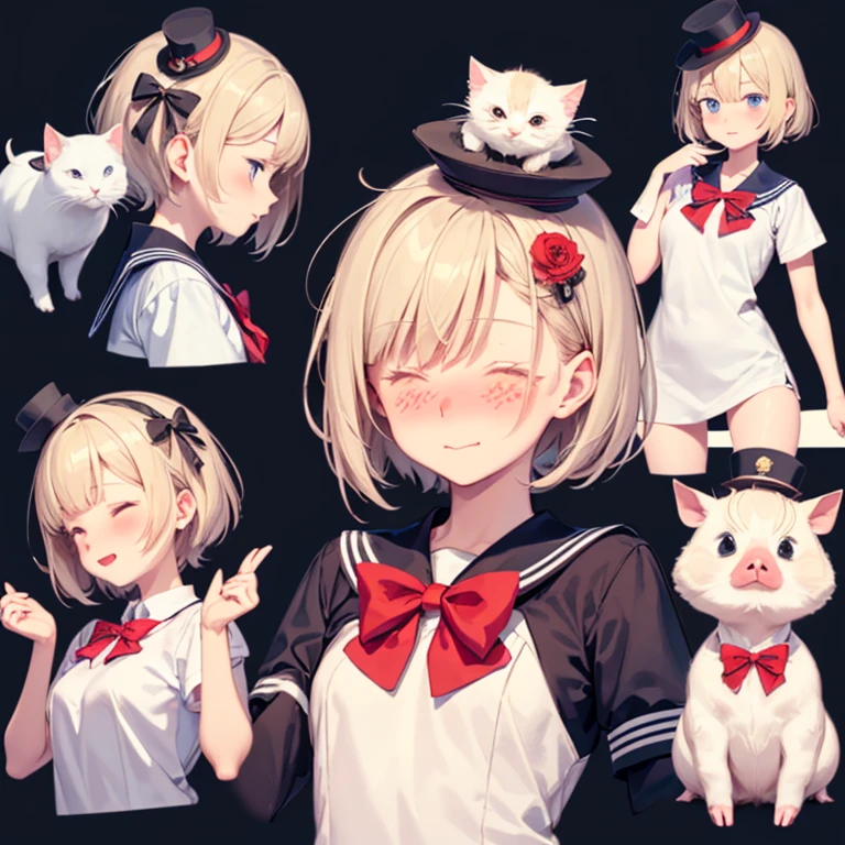 Create an illustration of a character with short hair and a sailor uniform , White Sailor Suit,With a red bow tie and a flower in his hair. Next to the character, Includes cute pigs with exaggerated features, Wearing a small hat and bow tie. Place it on a background that resembles a collage of various illustrations and images..Wearing a small top hat,kitten