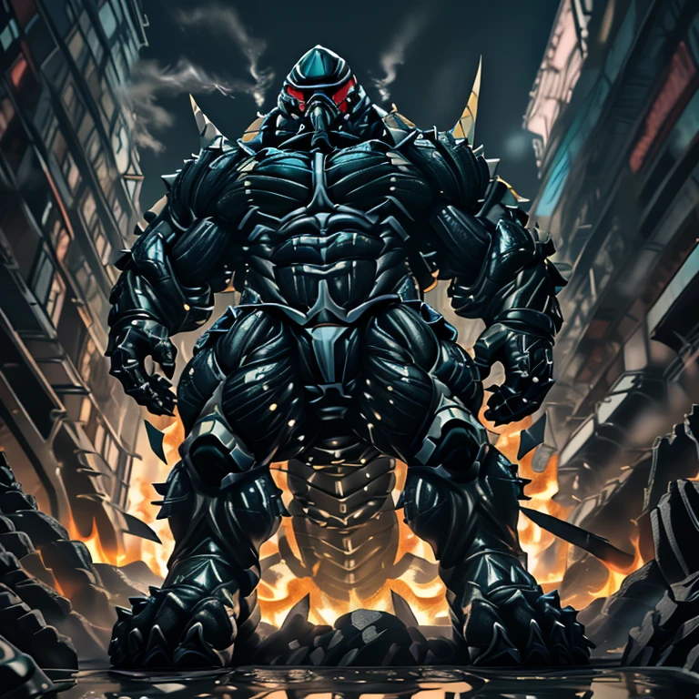 (masterpiece. official art. 8k. best quality. detailed full body. full body.)
(situation 1 : dominating demon lord dragon batzz. focus Colossus mechanical Muscular demon lord dragon batzz is trampling the CITY. macro. stomp. Low-angle perspective. emphasizing the immense size. The perspective is from below, emphasizing the sheer majesty and power of the Colossus. Colossus art. He is much bigger than a skyscraper. Giga Colossuss. micro soccer field. looking down.)

(situation 2 :smoke and flames rising from the destruction in the city)

(Additional details 1: wearing a full-face helmet. helmet is jet black. The color of NANOSUIT is jet black. high-tech bio-mecha armor. real texture material. whole body shines like metal. Wearing cyberpunk mecha. emphasizes the muscles. suit fully made of metal. intricate armor. Robotic suit. suit fully made of metal. NANOSUIT with the same design as demon lord dragon batzz.). (demon lord dragon batzz has 5 toes.)

(Additional details 2: (Detailed head. Detailed Body. Detailed abs. gigantic muscles. HYPER MUSCLES. Gigachad Muscular. big muscle. pecs. triceps. traps. unusually developed muscular body. body full of huge muscles. showing off muscles. pectorales enormes. Exaggeratedly huge muscles. huge muscles. long legs.).

(Additional details 3: nj5furry, Spread wings. It has wings. black have big wings. The claws are sharp. Sharp teeth.5 toes.). 