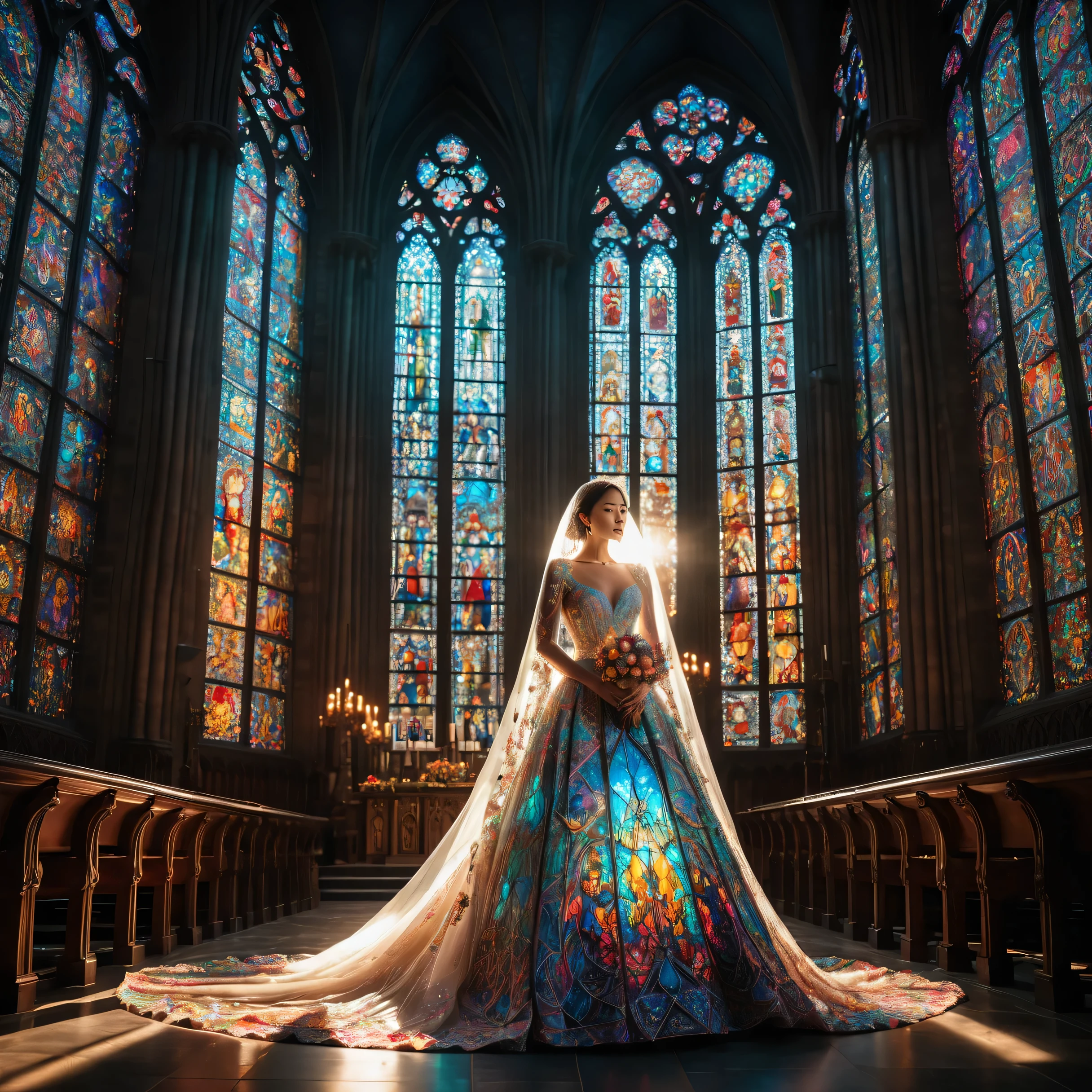 A woman with a shining aura。Wear elaborate neon-colored outfits with intricate details、Sunlight pours in through the skylight、Standing in a dark cathedral decorated with stained glass。The woman is wearing an elaborately decorated wedding dress and wedding veil.。.、Hourglass Shape、Cinema Lighting、Dramatic atmosphere、Very detailed、Vibrant colors、Photorealistic、8k、Best Quality