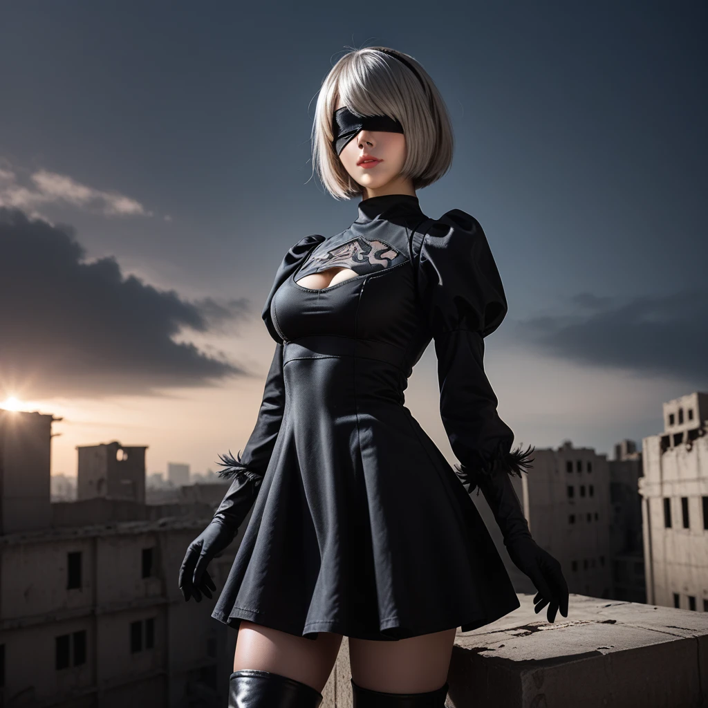 score_9, score_8_up, score_7_up, 32k,masterpiece, highest quality, 
photo realistic, super detail, vibrant colors, chiaroscuro lighting, cinematic lighting,
1 woman, inspired nier automata 2B,
bob cut, gray hair, bangs, mole under mouth, blindfold,
2B dress, cleavage cutout, skirt, thigh-high under boots,
ruins, a ruined world, devastated cities, dark cloudy sky,
seductive pose, dramatic angle,