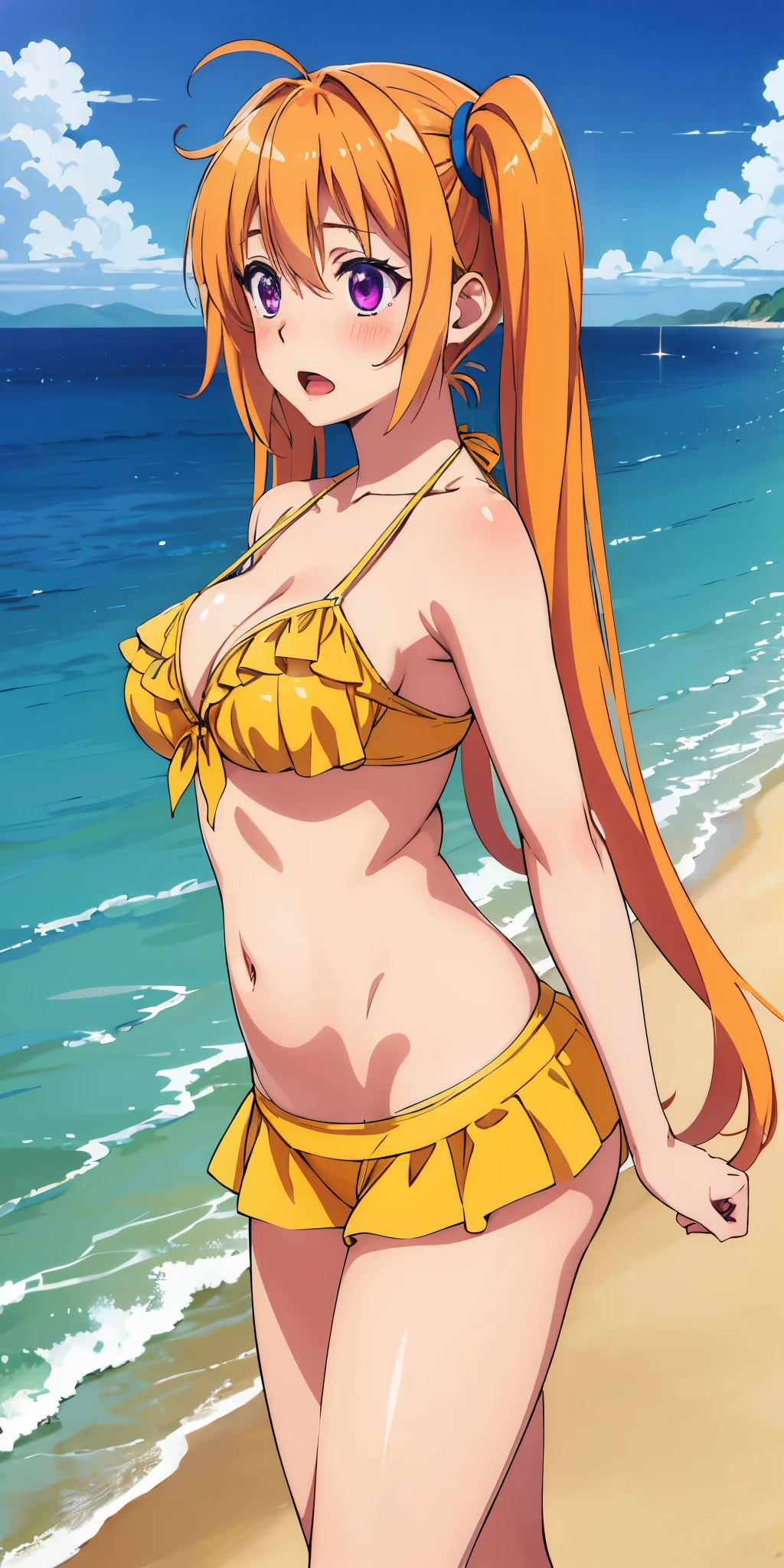 best quality, masterpiece, detailed, ShidouIrina, 1girl, open mouth, blush, orange hair, long hair, twintails, purple eyes, yellow bikini, frilled bikini, pre, arms at sides, beach, water,cum,after sex, 