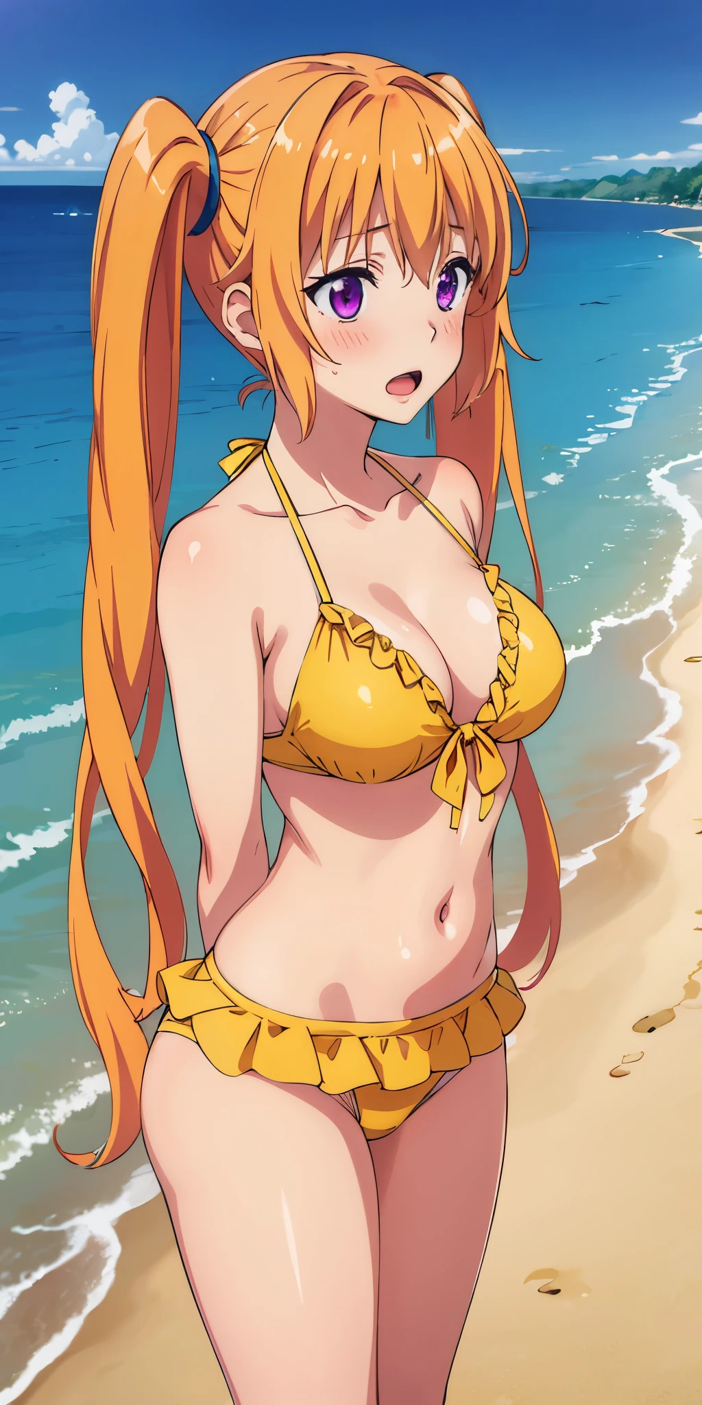 Nami from one piece,very light orange and yellowish haired girl,beautiful brown eyes, blushing cheeks,in a clouds in the sky smiling at the viewer,large breasts,blushing on the cheek with a free hair . The art style should resemble a captivating anime style. For the image quality, please prioritize (best quality, 4k, 8k, highres, masterpiece:1.2), ultra-detailed, pussy,green skin,zombie,porn,anal,anus,vampire