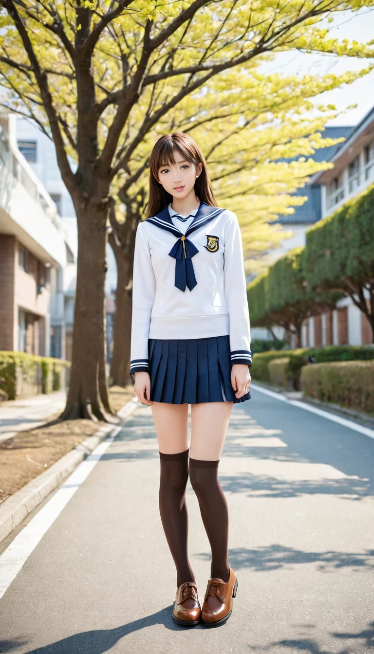 ((Masterpiece(1.3)、Best Quality、Highest quality(8k)、Ultra-high resolution、Extremely detailed))、Japanese、beautiful girl、High school girls、Idol、Golden ratio body shape、E Cup、Narrow waist、Firm Hips、Sailor suit、mini skirt、Knee-high socks、Brown Loafers、Tree-lined street in front of the school in early spring、