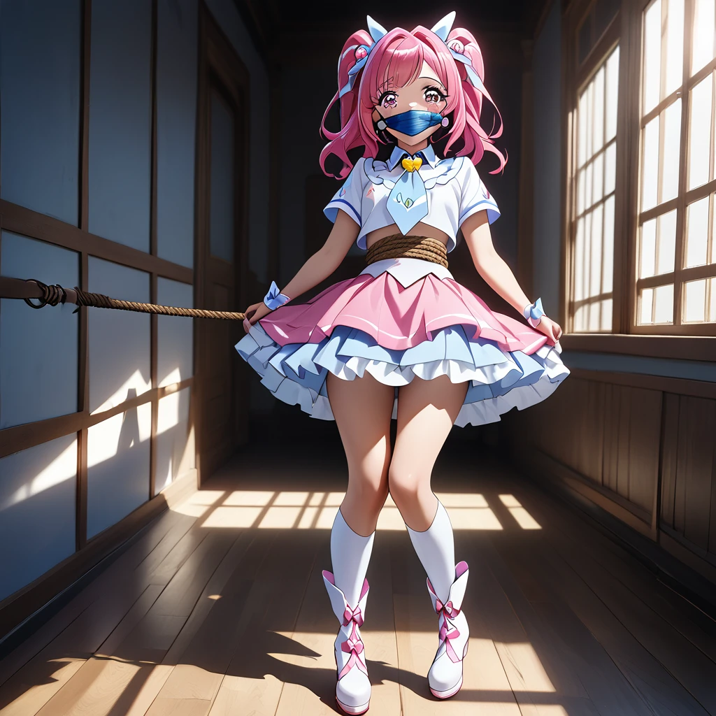 1girl,cure beauty,smile precure, kidnapped, rope bondage, full body, gagged, ballgag, rope, hands behind back,tie white boots, masterpiece, highly aesthetic, photorealistic, 8k, ultra-detailed, cinematic lighting, dramatic shadows, intricate details, vibrant colors, sensitive pose