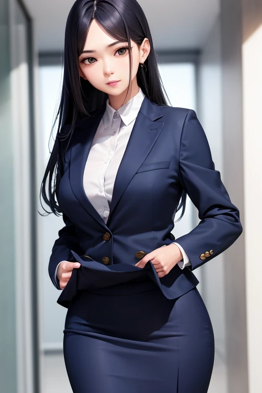 A career woman wearing a navy blue suit、2、One person、She is wearing a tight navy blue skirt underneath her skin-tight suit.、