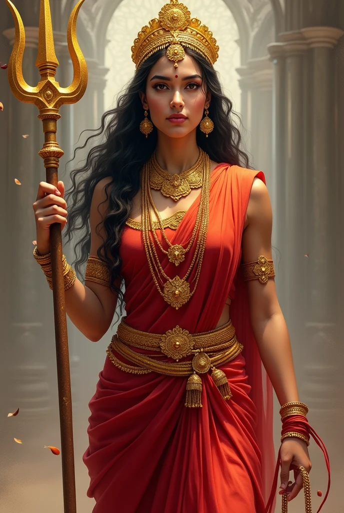 beautiful Indian goddess . She is wearing a traditional red saree. She is wearing jewelery along with professional make-up. She has a big earring in her ear. She has a bangle in her hand, and a crown on her head. There are eyes on her forehead. The hair are open. And she is holding a trident in one hand. And she is giving blessings with one hand.