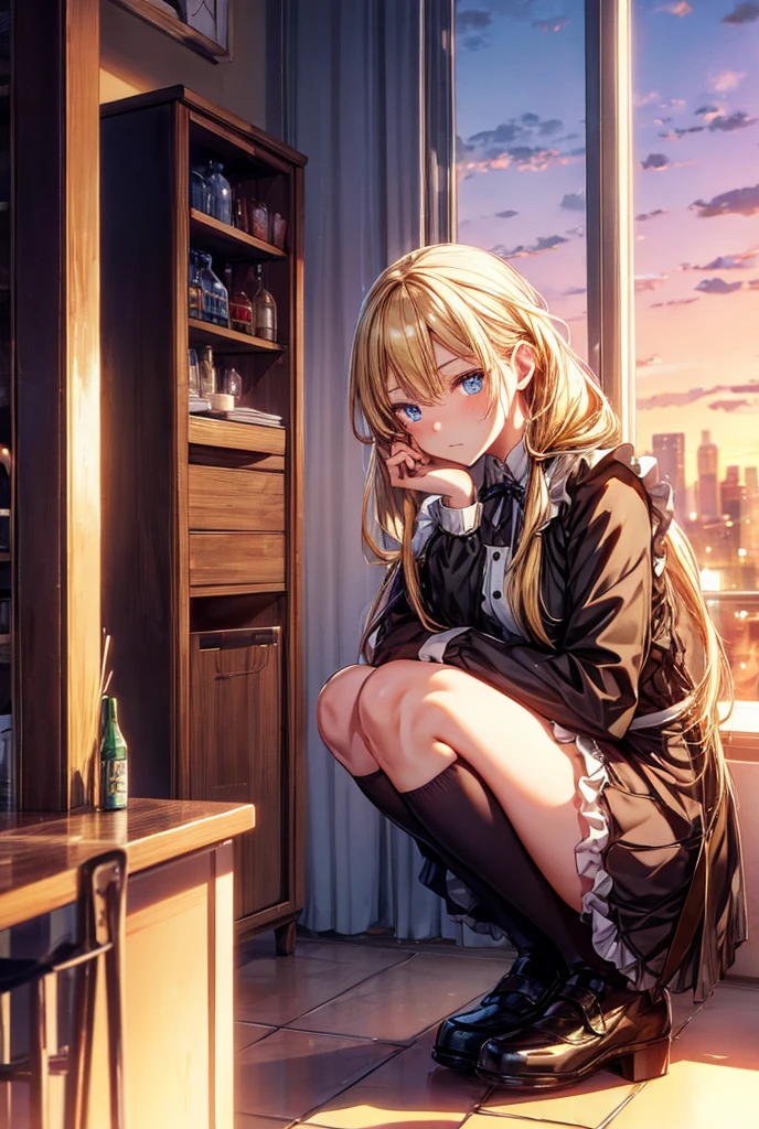 maid, squatting, looking at viewer, low twintails, blonde, blue eyes, slender, adult, in the cafe, at sunset, anime, cowboy shot, golden hour, ground-level shot