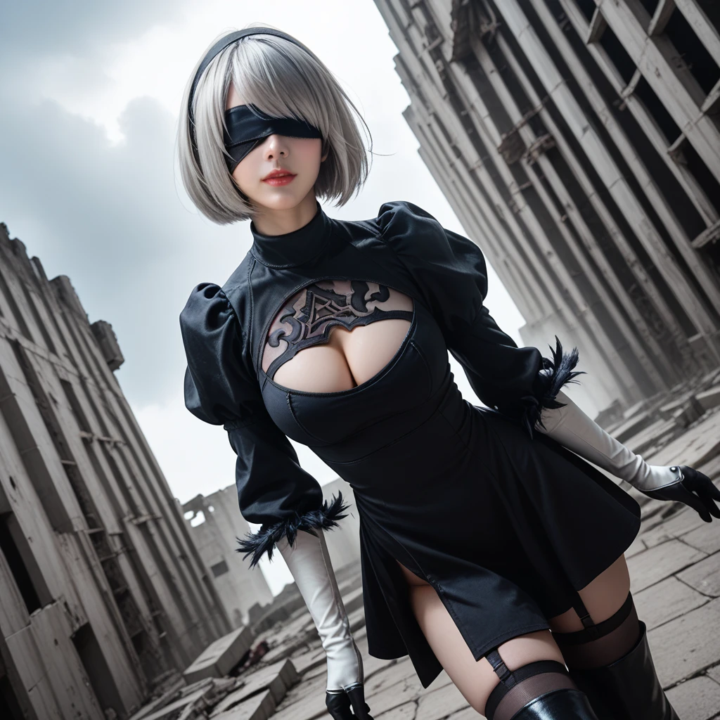 score_9, score_8_up, score_7_up, 32k,masterpiece, highest quality, 
photo realistic, super detail, vibrant colors, chiaroscuro lighting, cinematic lighting,
1 woman, inspired nier automata 2B,
bob cut, gray hair, bangs, mole under mouth, blindfold,
2B dress, cleavage cutout, skirt, thigh-high under boots,
ruins, a ruined world, devastated cities, dark cloudy sky,
seductive pose, dramatic angle,