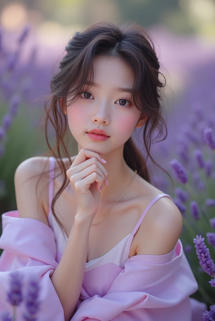 (extra detailed body、extra detailed face、best qualtiy:1.2)、femele、looking at the viewers、(Naked、17 age)、(Lavender on background:1.4)、huge-breasted、(((barechested)))