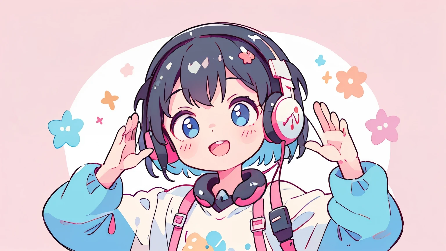 Vibrant Art,pop、bright、colorful, 1 female, Black Hair、happy,cute, Animation Style, cute, clearly,um pop, cute、　Wearing headphones、Headphones、Waving