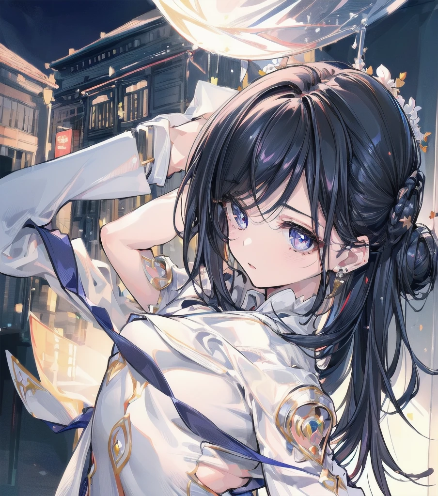 White shirt,blackいロングドレス、Sheer lace、 hair ornament, Red Blue Eyes,前hair, black_hair, length_hair, 1 girl, 20 years,young woman,Beautiful Fingers,美しい length legs,Beautiful body, Beautiful Nose,Beautiful character design, Perfect eyes, Perfect face,Expressive eyes,Perfect balance,、masterpiece, highest quality, 8k, Real person, Realistic, Extremely dense CG, Shiny skin, Fully focused, heaven, The Glory of God, Shine, Angel, bless, happiness,