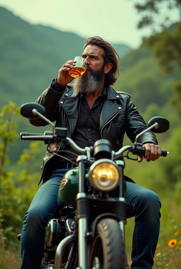 Hot sexy hunk male cow drinking strawberry milk from a Hennessy bottle wearing a leather jacket in a motorcycle in front of a gas station
