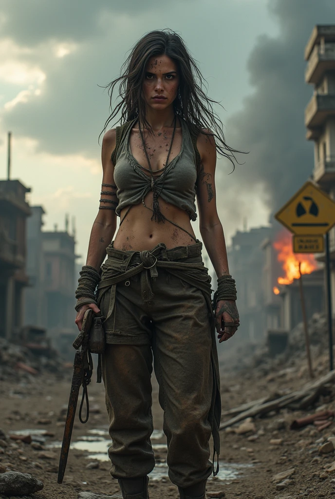 artwork, ultra detailed, 8K, RAW photo, realistic light, cinematic composition, skyscape with clouds, full color dusk, depth of field, 35mm, post-apocalyptic aura, steampunk aesthetic, 1 cute woman, on the ruined street, (dirty and torn steampunk clothes), cute sexy, depth of field, (focus: 1.2), dark atmosphere, dynamic motion, cinematic lighting, detailed face and skin texture, thin eyes, brown hair color, shaved sides, action movie style, vivid colors