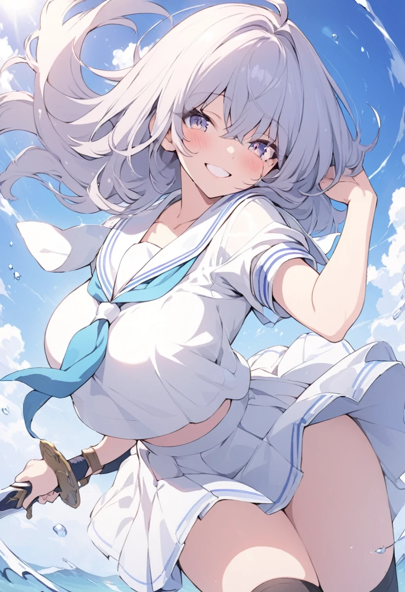 1 girl, cute, young, white hair, twintail, blue eyes, idol costume, thigh high socks, rain boots,