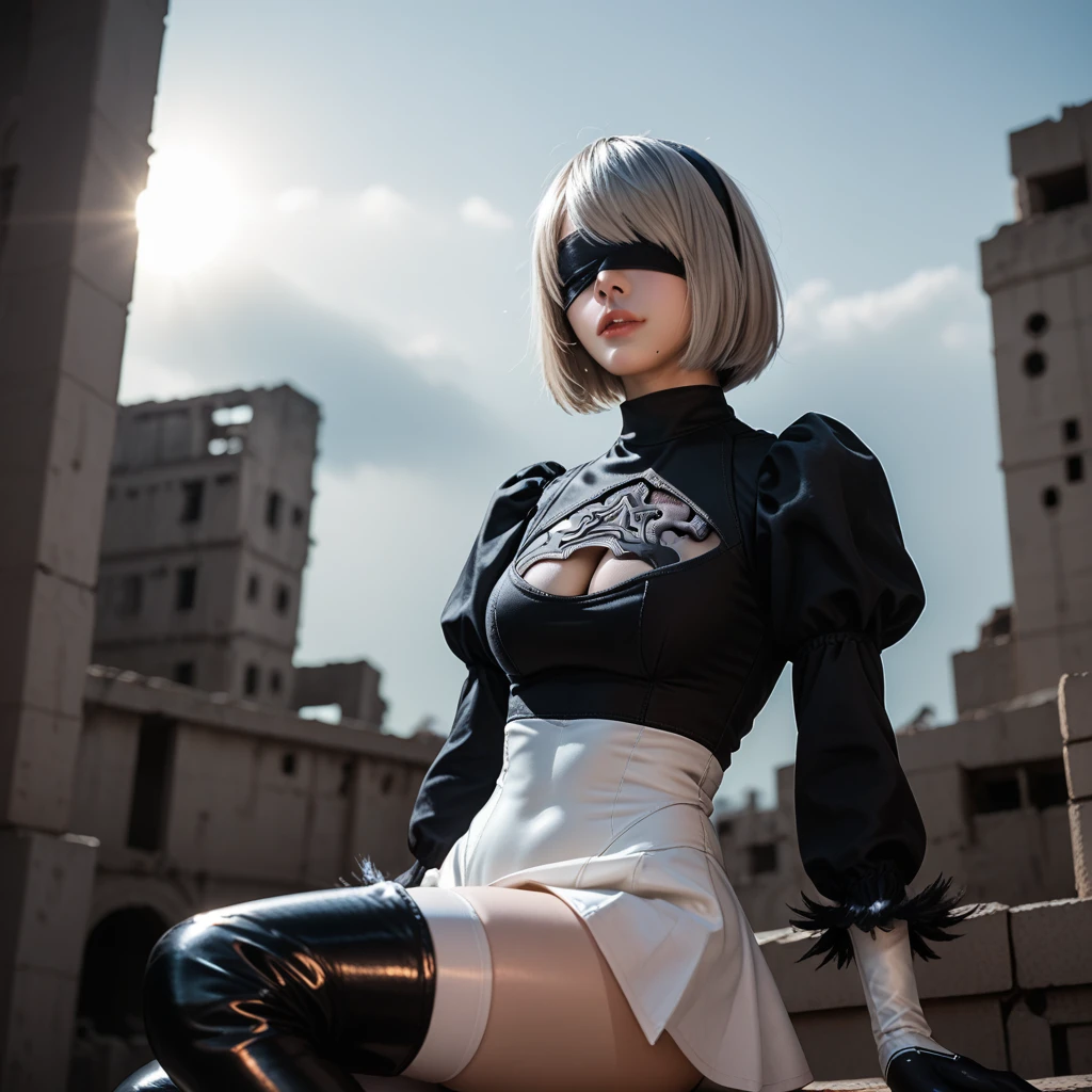 score_9, score_8_up, score_7_up, 32k,masterpiece, highest quality, 
photo realistic, super detail, vibrant colors, chiaroscuro lighting, cinematic lighting,
1 woman, inspired nier automata 2B,
bob cut, gray hair, bangs, mole under mouth, blindfold,
2B leotard, cleavage cutout, skirt, thigh-high under boots,
ruins, a ruined world, devastated cities, dark cloudy sky,
seductive pose, dramatic angle,