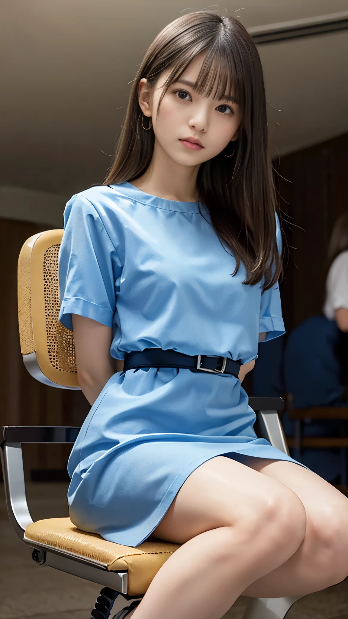 Araffe asian woman sitting on a chair in a blue dress - SeaArt AI
