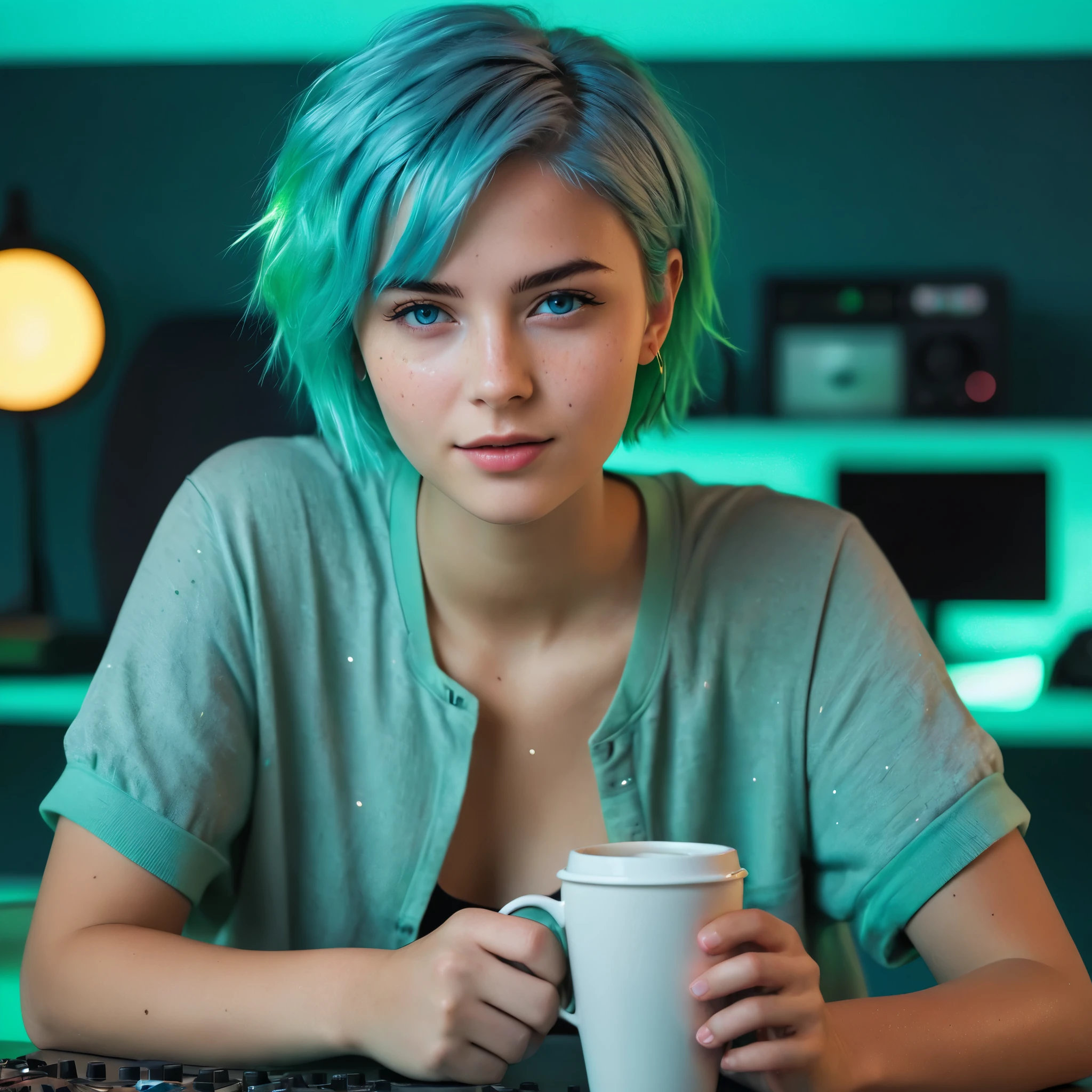 Woman, 20 years old, Nordic ethnicity, short blue hair with a perfect face and light freckles, blue-green eyes, slight smile. She’s sitting in a modern studio, surrounded by sound equipment, wearing stylish casual clothes with a coffee cup on the table. Neon lighting casts soft turquoise and neon green glows around the space, creating a futuristic and creative atmosphere. ((Color palette - turquoise, neon green, yellow shades)), (best quality, 8k, masterpiece, ultra-detailed, photorealistic, soft lighting)