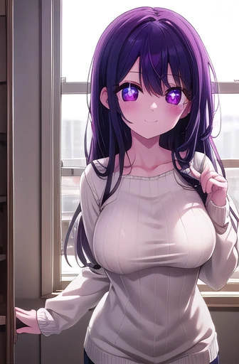 ((best quality)), ((highly detailed)), masterpiece, absurdres, (detailed eyes, deep eyes), (1girl), dynamic pose, upper body, Yuri, purple eyes, ((purple hair)), very long hair, sidelocks, hair ornament, hairclip, gigantic breasts, smile, ribbed sweater, tube top, long sleeves, turtleneck sweater, pants, black pants, turtleneck, reading a book, (indoors, at a lockerroom), 