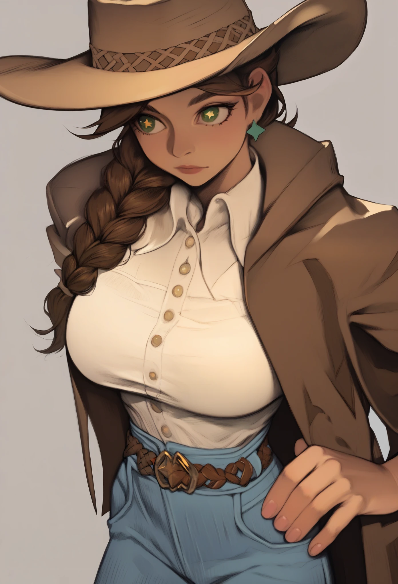 score_9, score_8_up, score_7_up, score_6_up, score_5_up, score_4_up,1girl, brown hair in braid over shoulder, green eyes, star shaped white pupils, brown fedora, brown waist coat and white shirt, light blue pants, cowboy boots, blue earrings, tipping hat, one hand on hip, swept bangs, huge breasts, warm shadows, realistic anatomy
