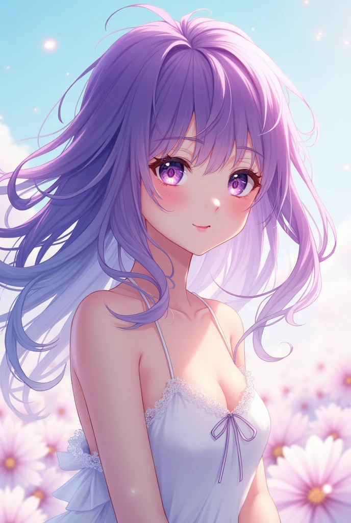 Young woman manga heart purple hair mid-length wavy brown eyes heart tattoo on cheek lying down landscape format