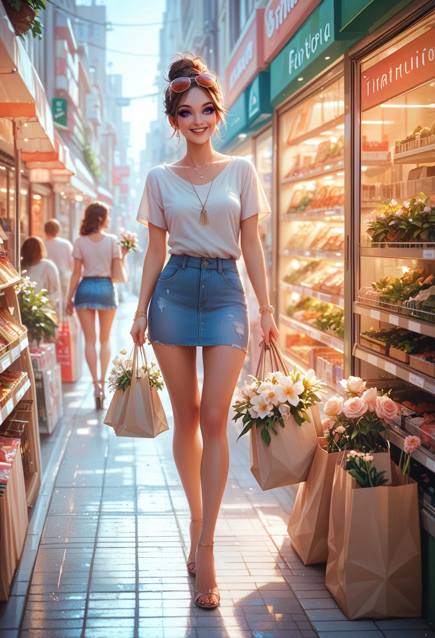 Highly detailed, high quality, masterpiece, 1 woman, walking down the street, shopping bag in both hands, happy expression, brown hair, tied into a messy bun, (casual wear: 1.1), white t-shirt, short skirt, high heels, light makeup, (silver necklace: 1.2), sunglasses on the head, holding flowers, people and storefront in the background, outdoors, sunny day.