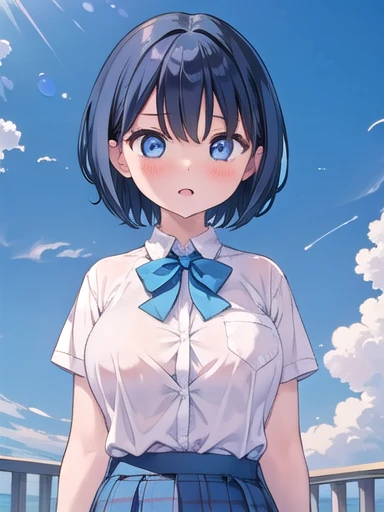 masterpiece, Best Quality, Alone, ,
Short Hair, Blue Hair, Straight Hair, blue eyes, White shirt, Open your mouth, bow tie, Large Breasts, Button gap, Hollow Eyes,
blue sky, wind,Large Breasts