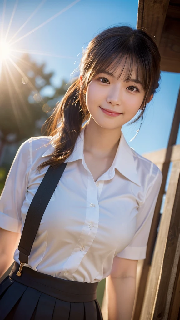 女の子1人、Blushing cheeks、shyly smile、optic、large full breasts、White open shirt sticking to the chest、Tartan checked skirt、Girl in Japan school uniform、florals、hair pin、a necklace、piercings、Leaning forward、from below looking up、depth of fields、pointed red mouth、Glossy reddish-brown shorthair、Black eyes、鎖骨、Beautiful fingers、Hourglass body、portrait of a full body、Loosen your tie、Girl on a red bicycle、