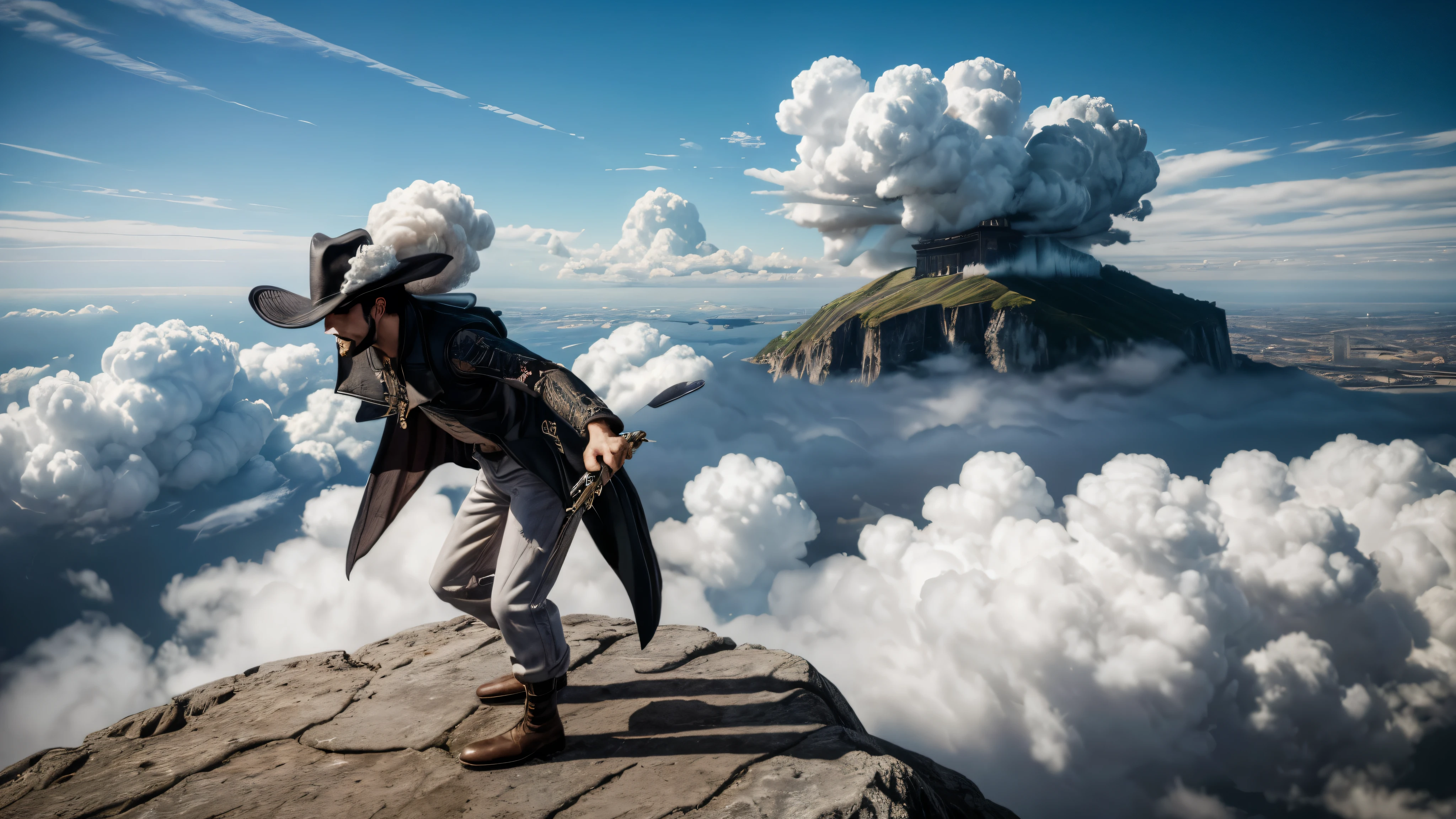 masterpiece, best quality, extremely detailed, hyperrealistic, photorealistic, a cool 40s man, ultra detailed face:1.2, black hat with feathers, the scene of the city with a lot of white clouds, above the clouds, modern city with a lot of white clouds, aerial view shot, sly smile, standing, dynamic angle, serene
