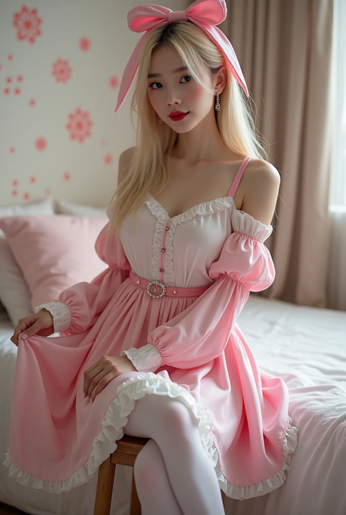 best quality, masterpiece, super high resolution, (realistic:1.4), original photo, 1girl, white legs, pink eyes, (((pink hair)), collarbone, dress, drilled hair, frilled dress, frills, gloves, hair accessory, high resolution, league of legends, long hair, parted lips, fluffy sleeves, pink pupils, smile, solo, white dress, x, x hair ornament, delicate face, lying on bed, lying on side, eyeliner, lipstick, lips, red lips