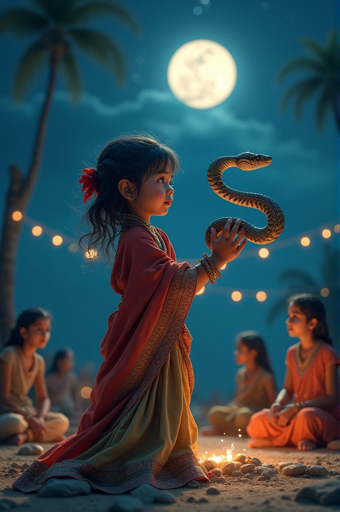 A Indian girl sitting in front of snake. And worshipping it by holding incense stick, flower and milk around snake