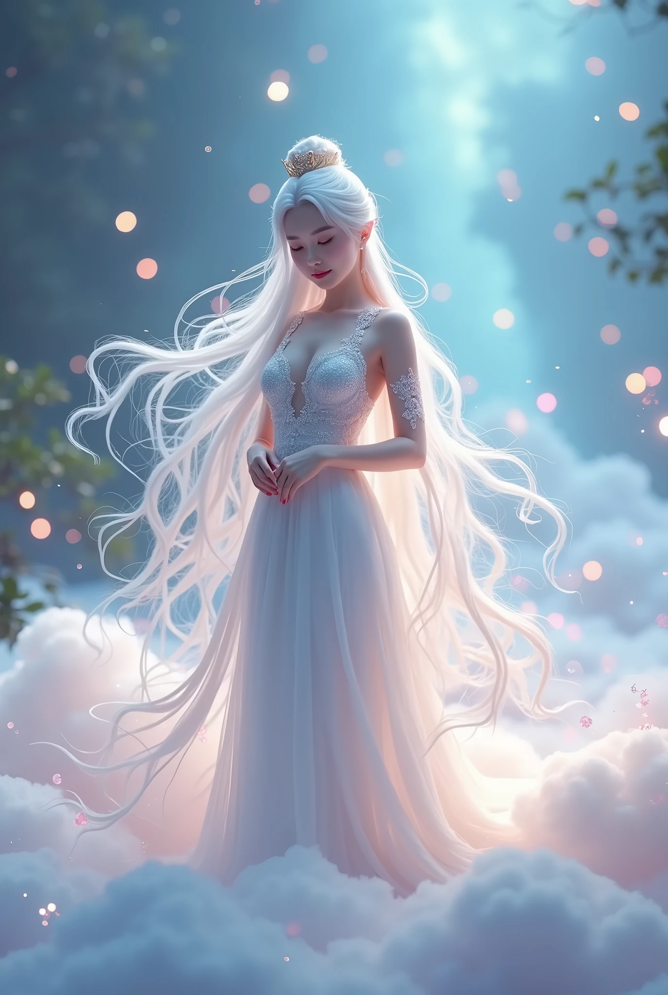 A close up of a woman in a white dress standing in the clouds - SeaArt AI