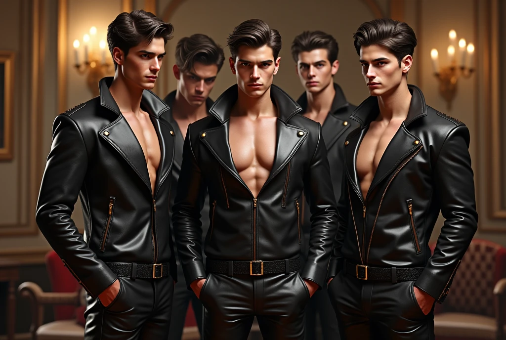 5 boys, each 20 years old, they are pop stars, they are wearing tulle clothes with black spandex with a lot of shine and stones, their clothes are bold and sexy, they are sexy and gay, they are standing in a diva pose, group pop, the background is black and they are on top of a black water mirror. full body, pop stars, 5 sexy guys.