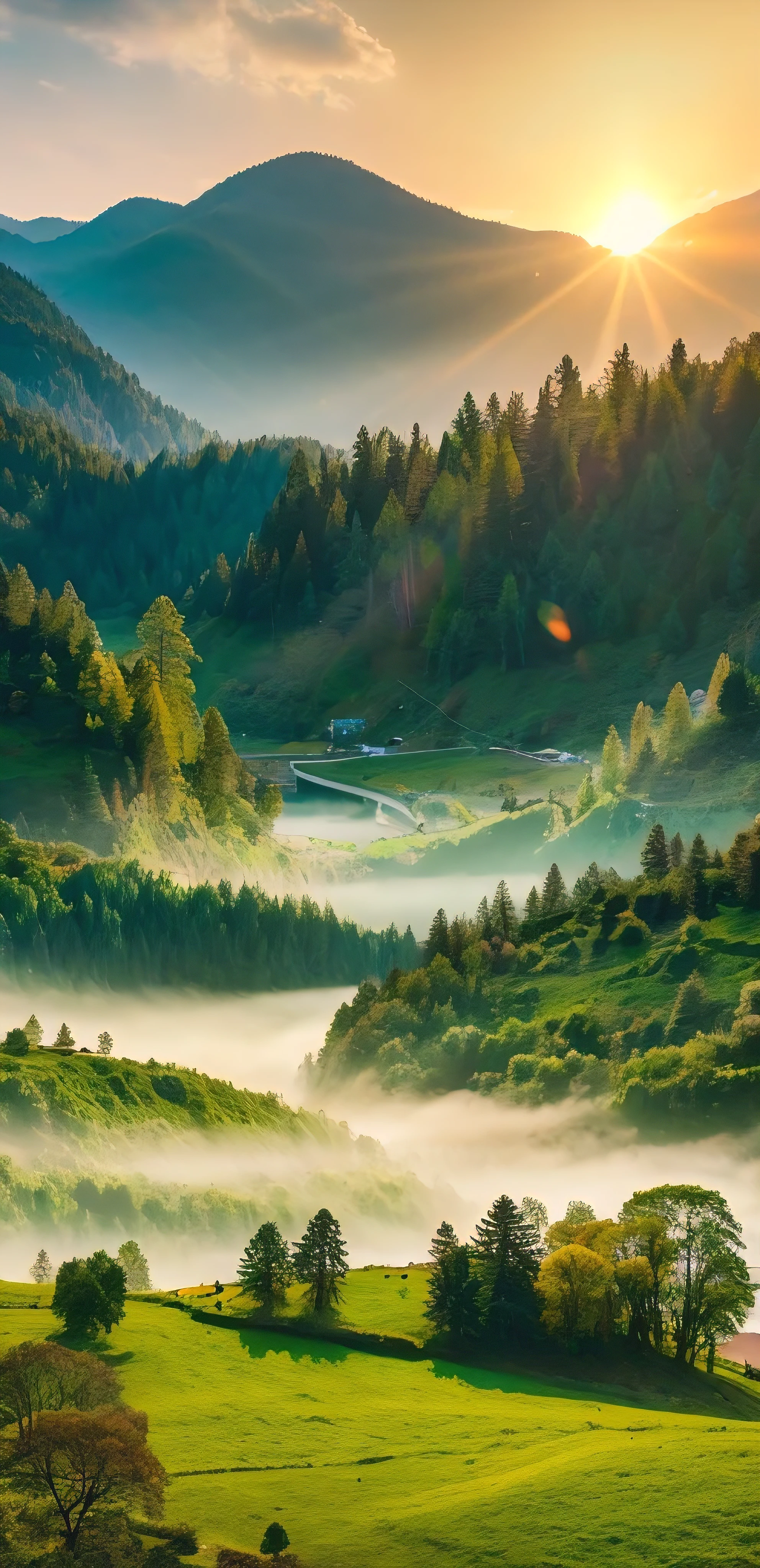 A beautiful nature scene with morning vibes, showing a sunrise over a lush green landscape with mist, mountains in the distance, and a serene lake reflecting the golden sunlight. Birds flying in the sky, and soft rays of sunlight filtering through the trees. The name 'Navdeep Choudhary' is elegantly written in a stylish font, blending into the natural elements, possibly in glowing or golden text, placed harmoniously within the scene.