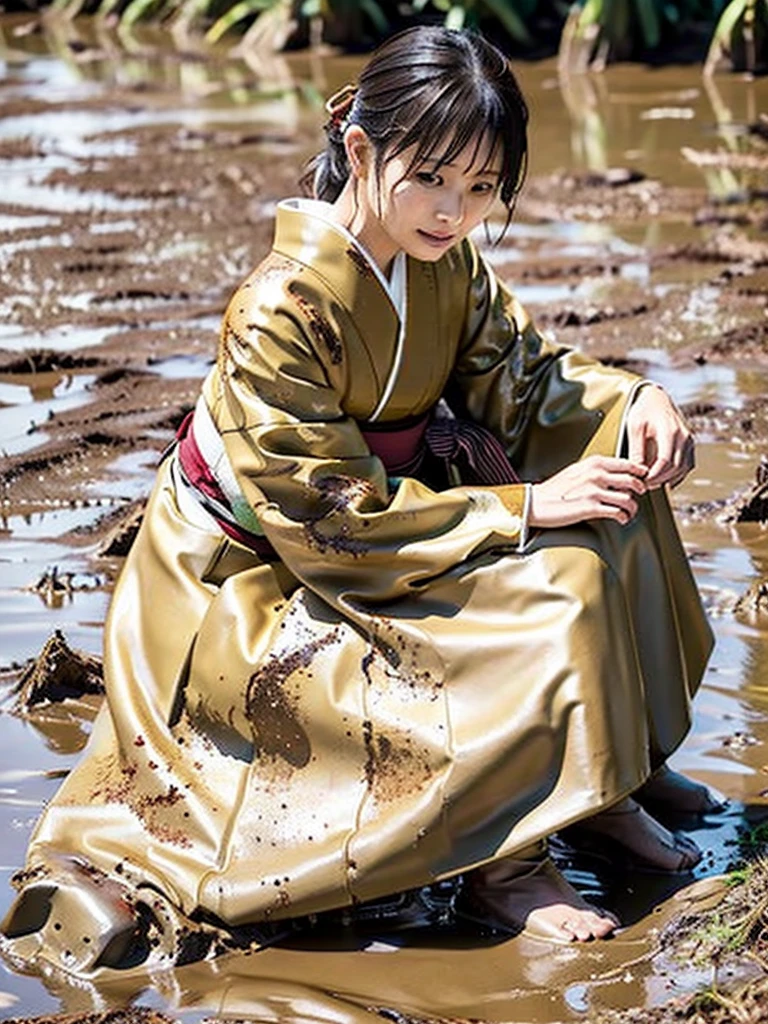 Realistic, hakama, kimono, woman, furisode, muddy clothes, soaked in muddy water, buried in mud, woman soaked in muddy water, woman soaked in mud, lying in mud