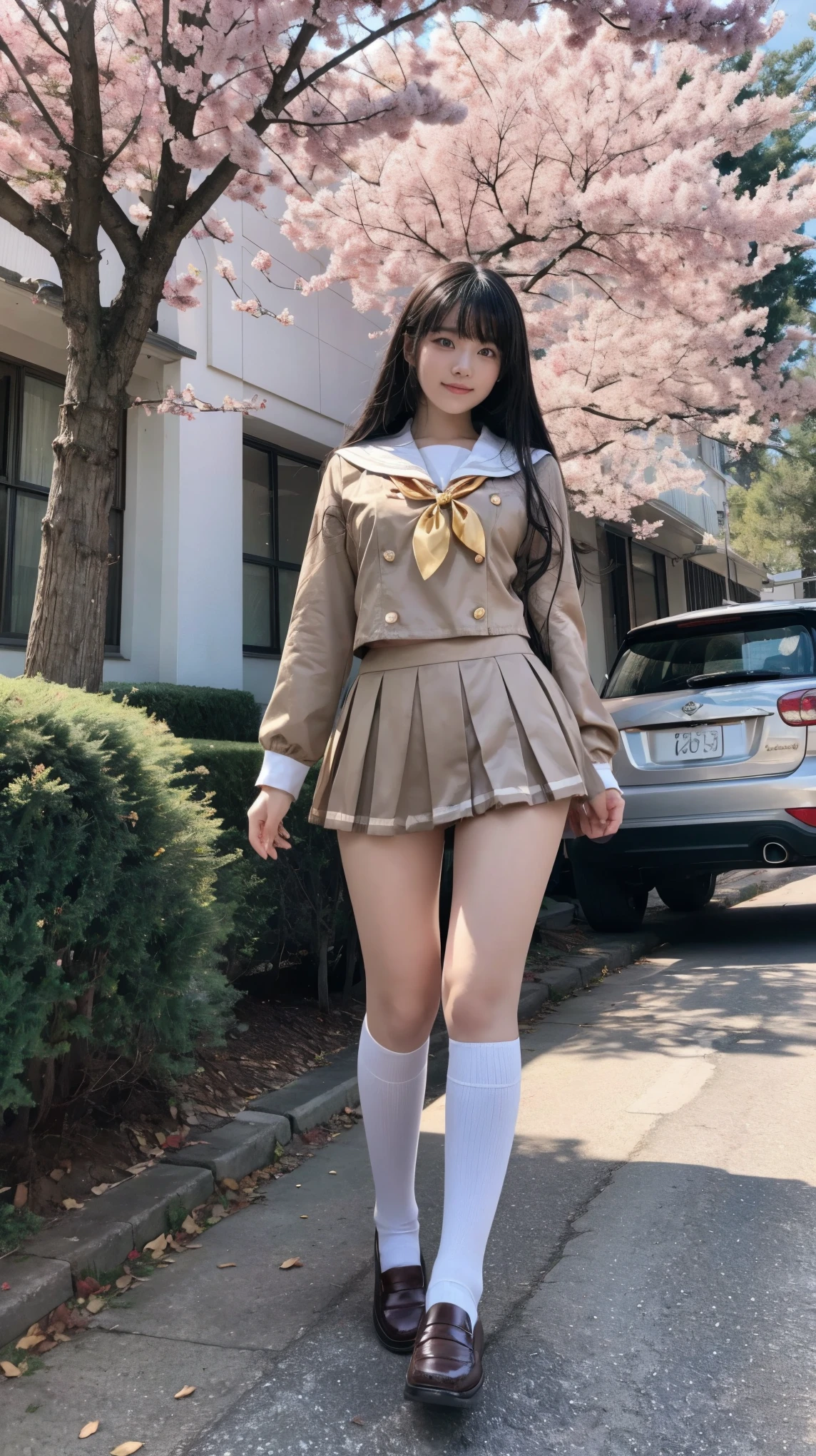 ((Masterpiece(1.3)、Best Quality、Highest quality(8k)、Ultra-high resolution、Extremely detailed))、Japanese、beautiful girl、High school girls、Idol、Golden ratio body shape、E Cup、Narrow waist、Firm Hips、Sailor suit、mini skirt、Knee-high socks、Brown Loafers、Tree-lined street in front of the school in early spring、