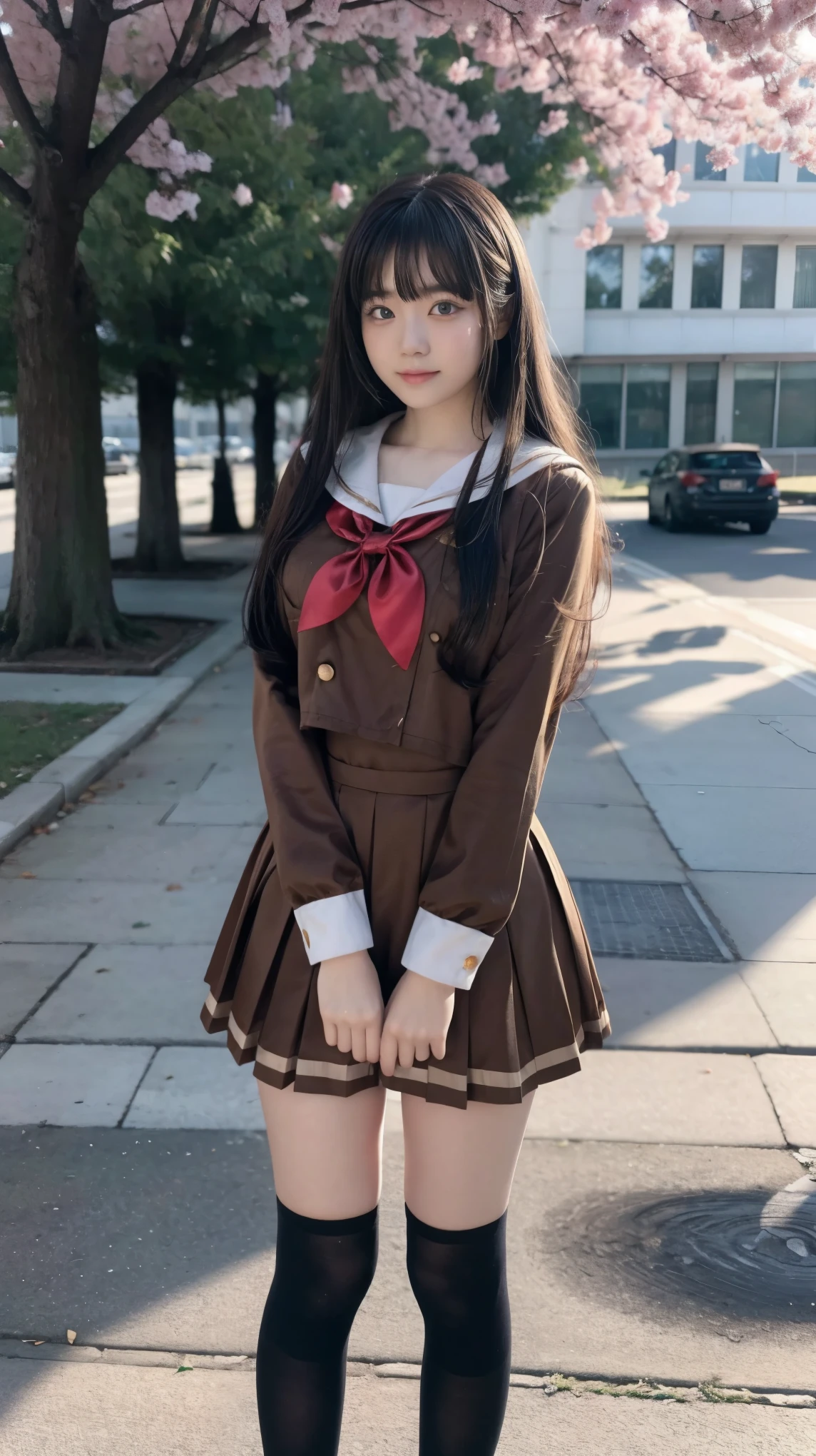 ((Masterpiece(1.3)、Best Quality、Highest quality(8k)、Ultra-high resolution、Extremely detailed))、Japanese、beautiful girl、High school girls、Idol、Golden ratio body shape、E Cup、Narrow waist、Firm Hips、Sailor suit、mini skirt、Knee-high socks、Brown Loafers、Tree-lined street in front of the school in early spring、