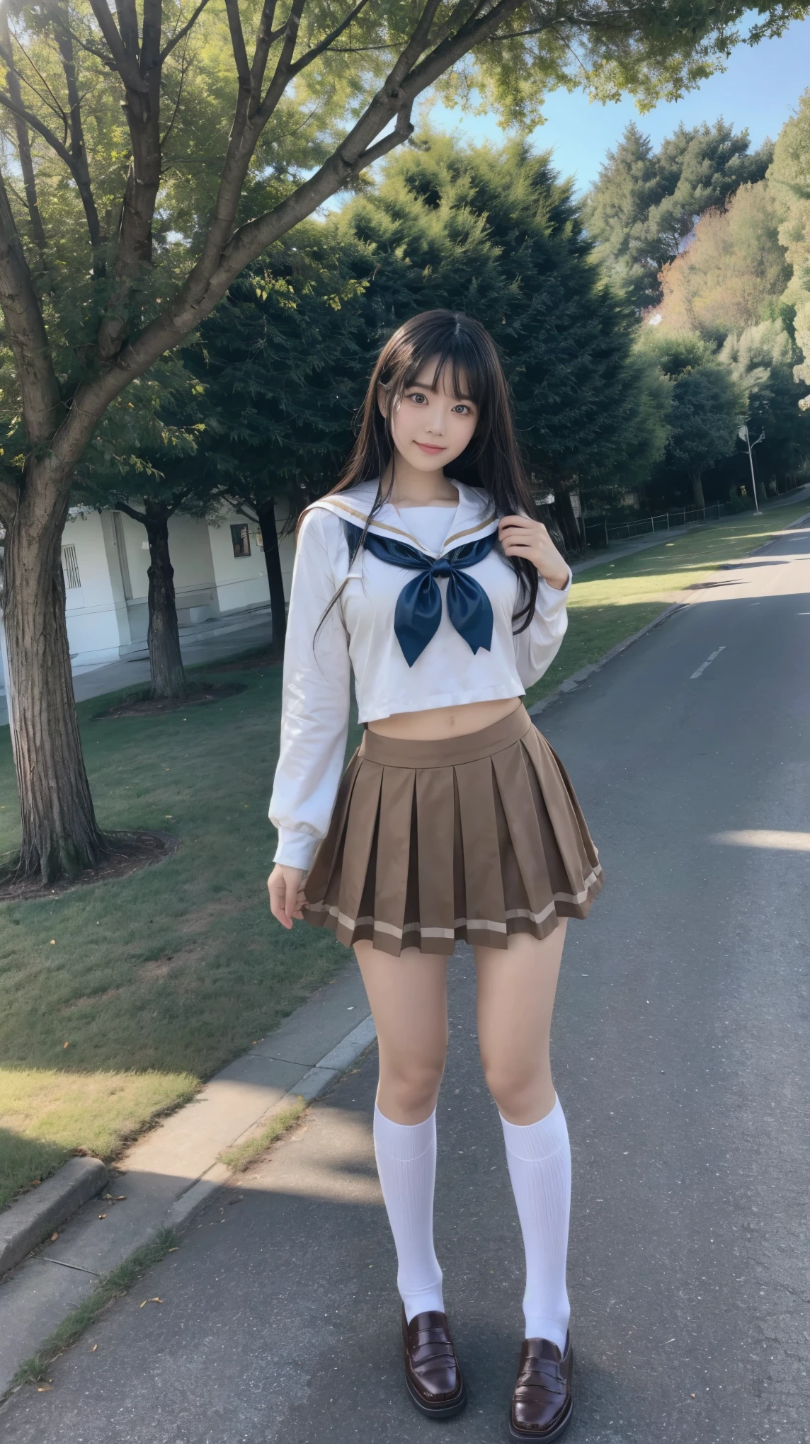 ((Masterpiece(1.3)、Best Quality、Highest quality(8k)、Ultra-high resolution、Extremely detailed))、Japanese、beautiful girl、High school girls、Idol、Golden ratio body shape、E Cup、Narrow waist、Firm Hips、Sailor suit、mini skirt、Knee-high socks、Brown Loafers、Tree-lined street in front of the school in early spring、