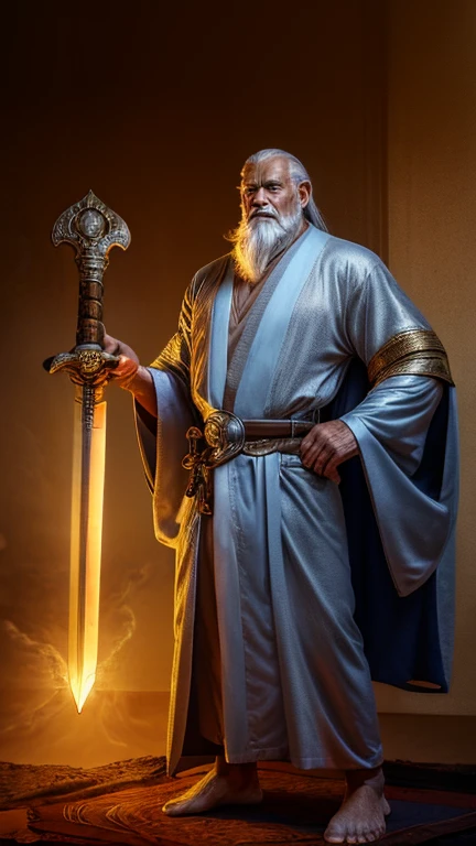 Dignified elderly man,long髪,A well-trained body,Big man,Dignified beard,long,Luxury Robe,Silver gauntlet on right arm,Sword of Light