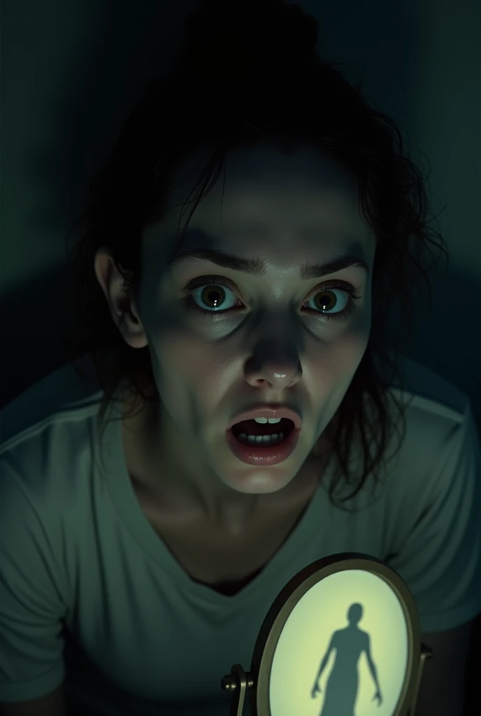 Photo realistic 8k image of a 18year old girl in a wet white t shirt looking shocked in a space ship. Shot from above while she looks up at the camera. Girl resembles Abigail Breslin. Close up. Girl is glistening with sweat