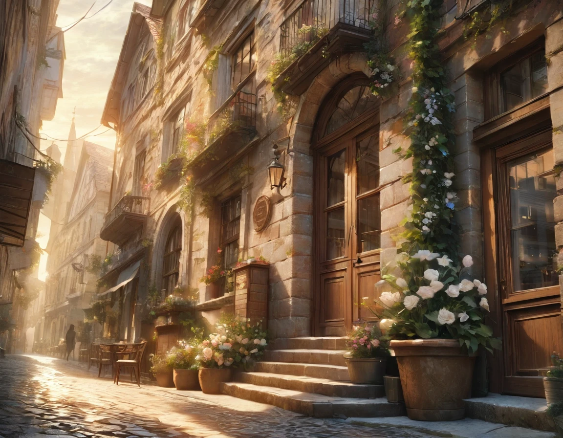 ((Best quality)), ((Excellent)), (Details), 8k,  "A woman exploring a charming European city, with a cat following closely behind, wearing casual travel clothes, narrow cobblestone streets, old brick buildings with flower-filled balconies, a small café on the corner, golden hour lighting, atmospheric scene, realistic textures, romantic and cozy vibe", conceptual art, jpeg artifacts, first person perspective, close up of cat, ultra high resolution, anatomically correct, attention to detail, highly detailed