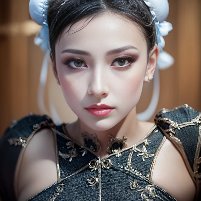 ((masterpiece)),((Best quality)),((High level of detail)),((realistic,)) ((Ultra detailed)), 1girl, asian, chun-li, black hair, clear and beautiful skin, baby face, delicate, lovely, delicate facial features, perfect anatomy, small waist, Detailed face, detailed eyes, detailed lips, Detailed fingers, Detailed mouth, Detailed legs, Detailed hips, detailed waist, Detailed face, Detailed breasts, 8K quality, Fullbody shot.