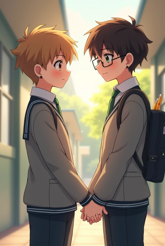 High quality, anime, full body, Japanese, two boys, cute, brown hair, slender, big eyes, small nose, school uniform, classroom, gay couple, hugging,