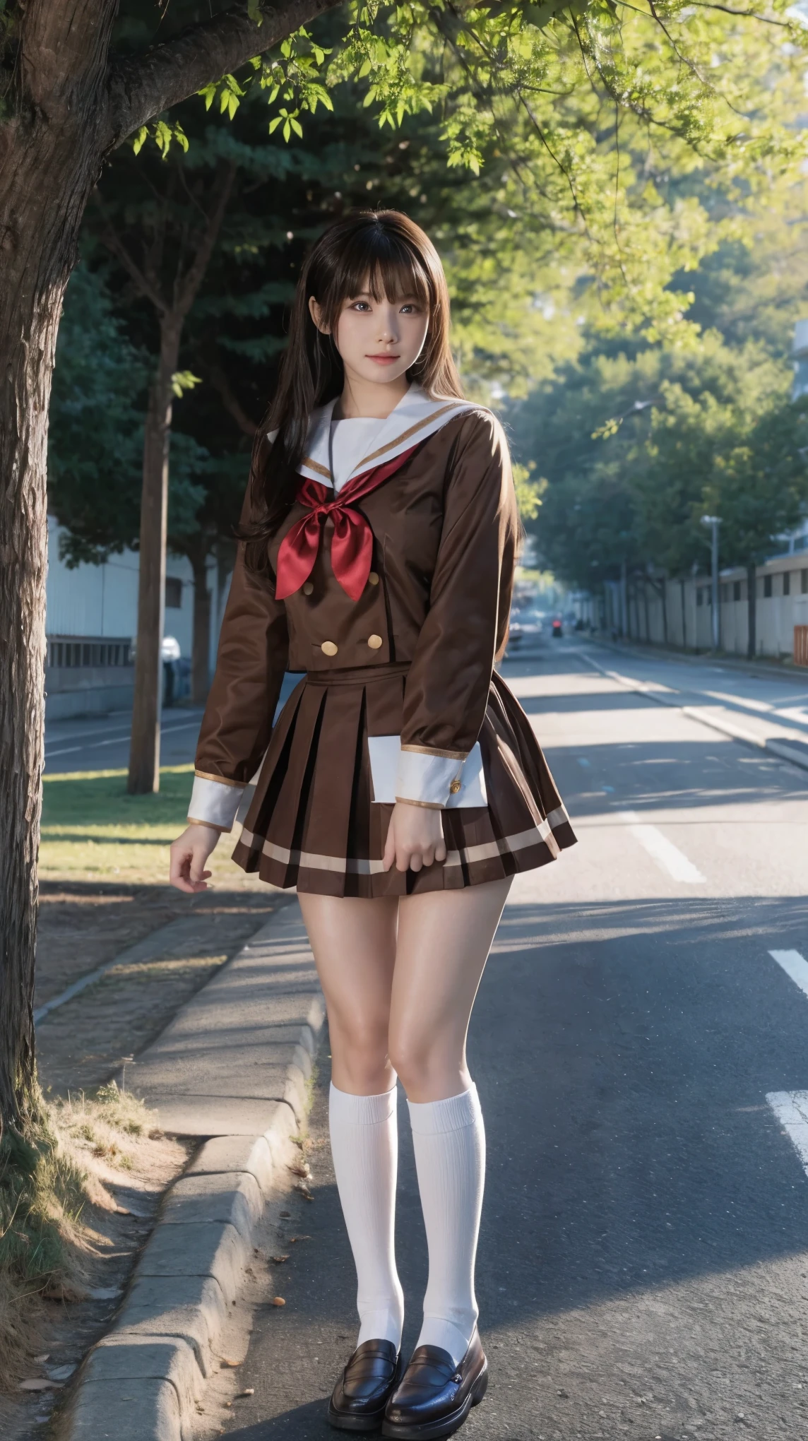 ((Masterpiece(1.3)、Best Quality、Highest quality(8k)、Ultra-high resolution、Extremely detailed))、Japanese、beautiful girl、High school girls、Idol、Golden ratio body shape、E Cup、Narrow waist、Firm Hips、Sailor suit、mini skirt、Knee-high socks、Brown Loafers、Tree-lined street in front of the school in early spring、