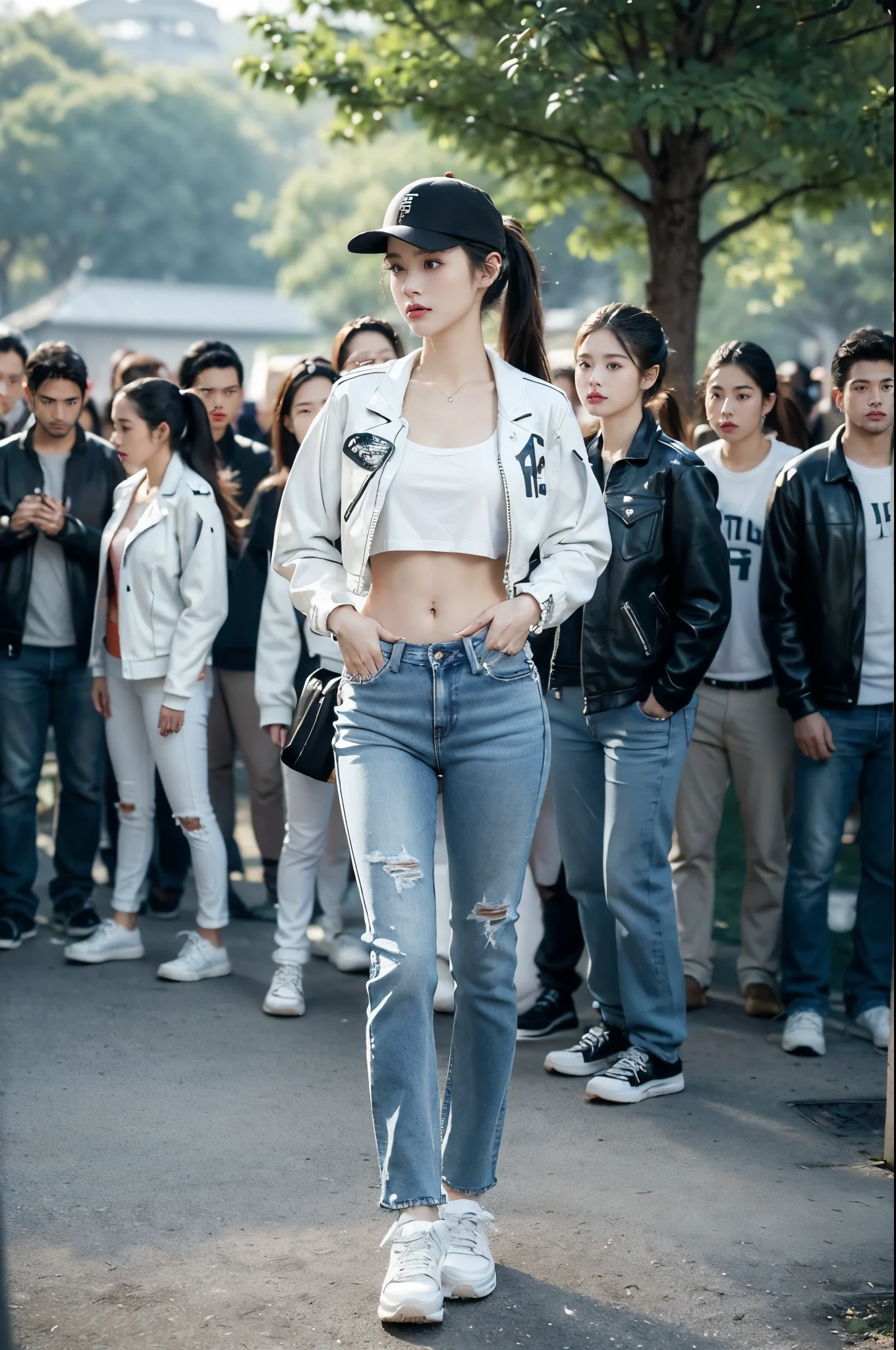 (((best quality))),(((ultra detailed))),(((masterpiece))),illustration,((1 beautiful girl,solo)),((slim,thin)),((small breasts,flat chest)),fashionable,(short ponytail:1.2),(white baseball cap:1.3),(black leather jacket:1.3),(navel:1.2),(tight jeans:1.3),(white sneakers:1.2),(slender legs:1.2),(standing:1.3),(hands in pockets:1.3),waiting,contemplative gaze, serene dusk atmosphere, school gate, modern architecture, overcast sky,(surrounded by crowded crowds:1.5),solitary trees, warm ambiance, adolescent innocence, campus life,(early autumn:1.3),((from front,full body))
